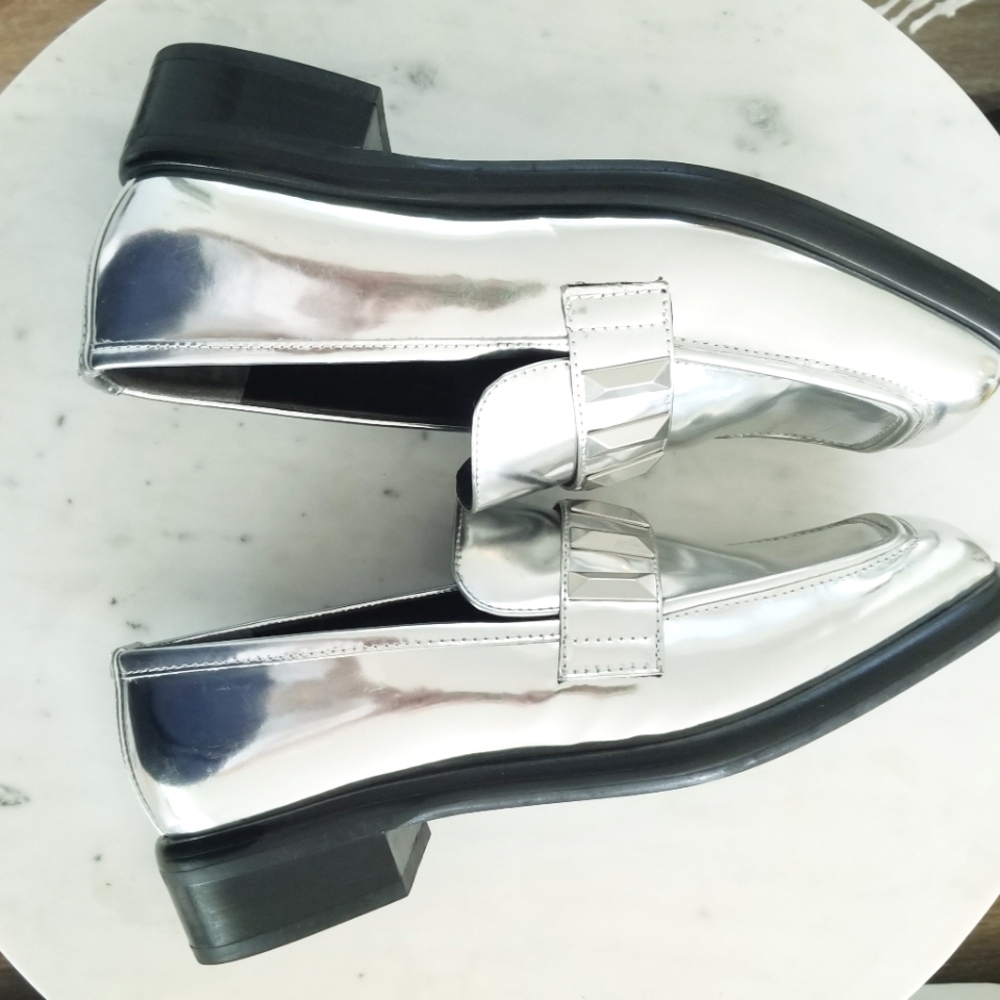 Rag & bone Silver Maxwell Loafers Flats NWT Studded Shiny Leather Casual Grunge - Picture 9 of 14